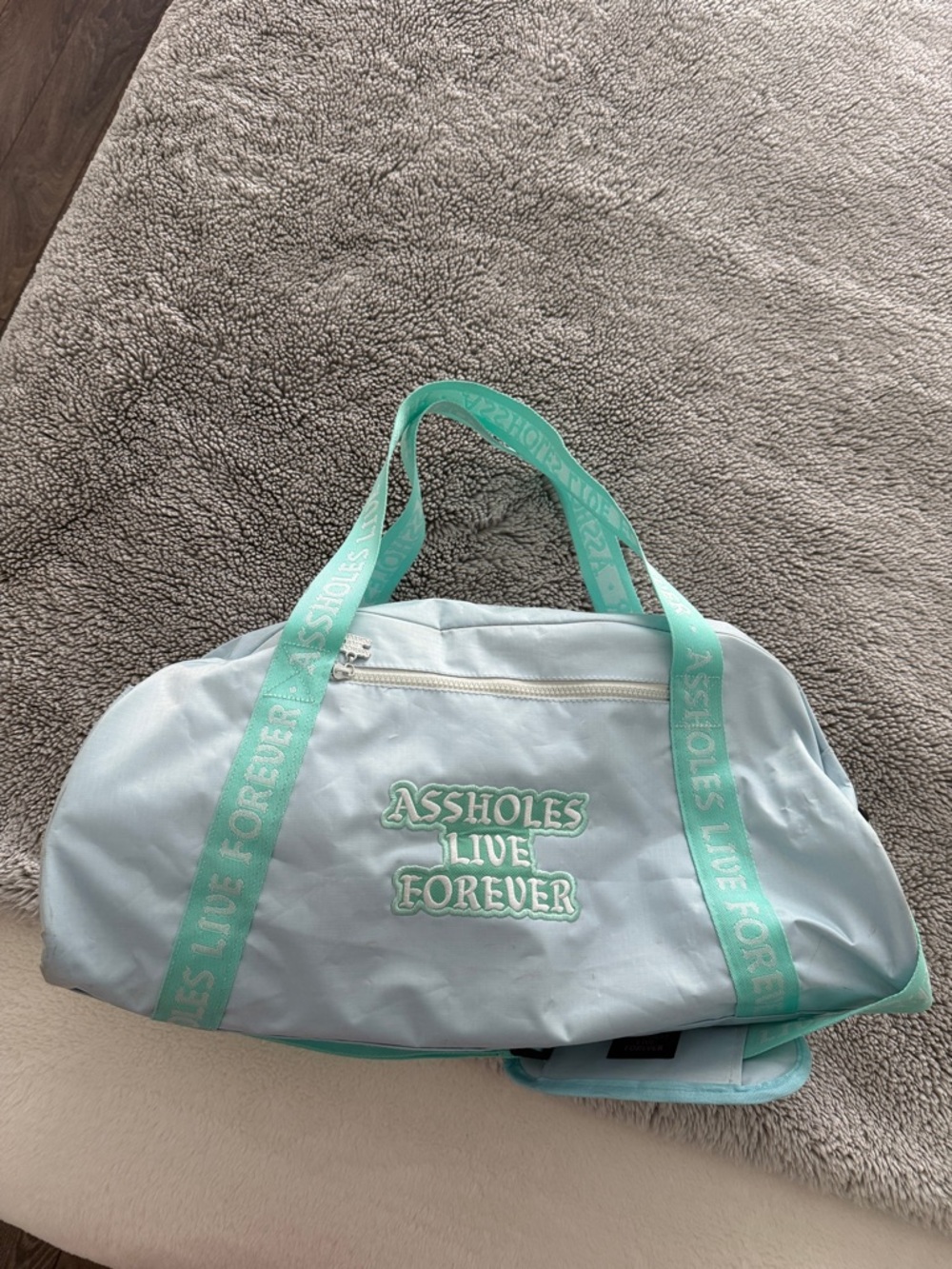 Light Blue Travel Duffel with Mint Green Straps